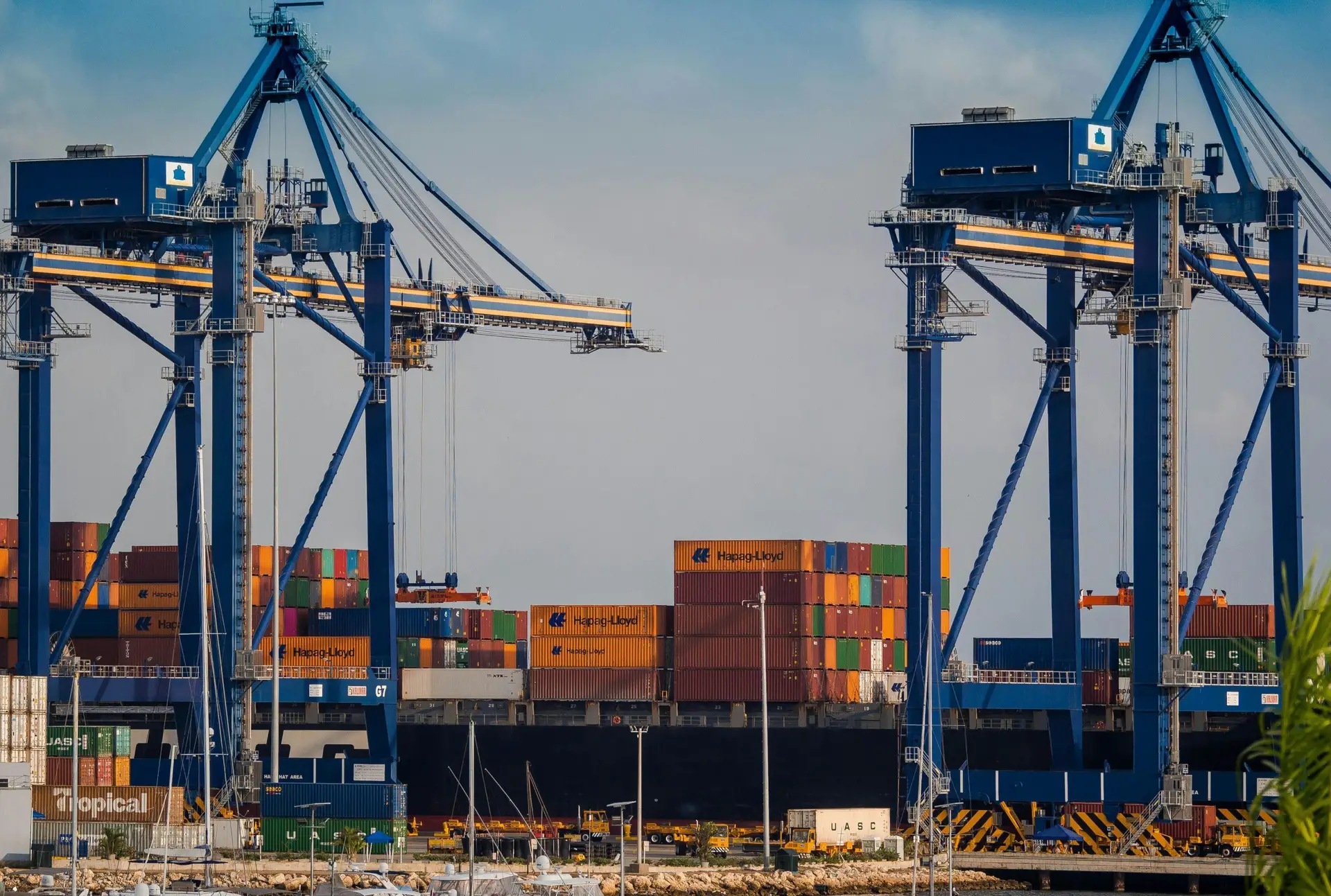 Two blue ship-to-shore gantry cranes loading shipping containers onto a cargo vessel at a busy port